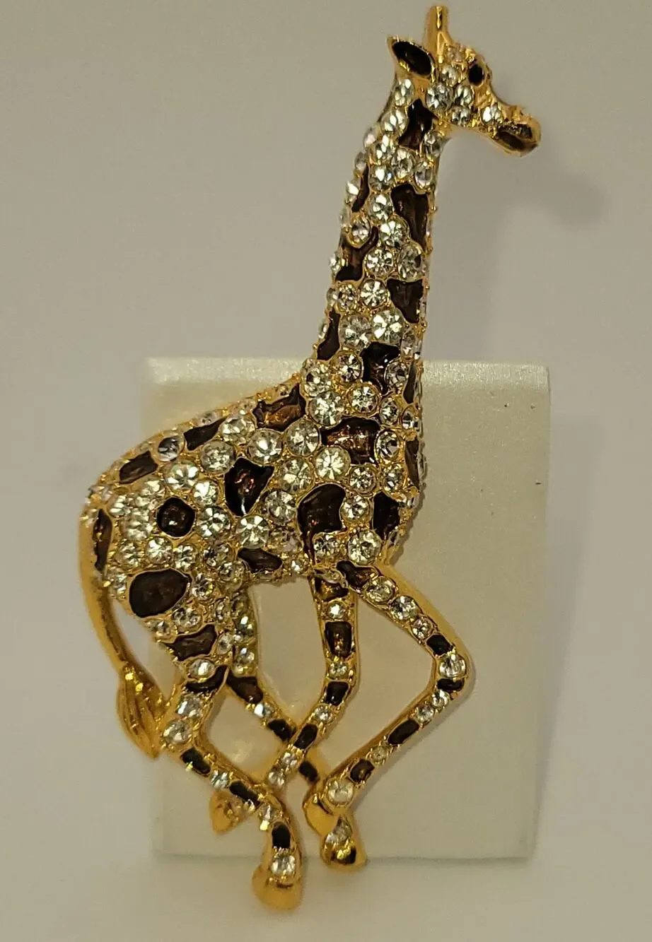 Large Vintage Giraffe Brooch Gold-tone Brown Enamel Clear Rhinestones